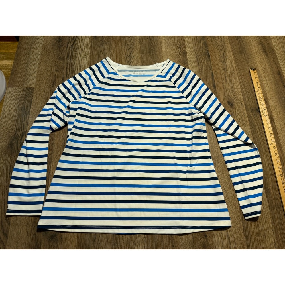 Spanx Shirt Womens Plus Size 1X White Blue Striped Long Sleeve Shirt